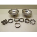 Two silver bon bon dishes- one dented and seven assorted silver napkin rings, approx 6.5 troy oz