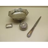 A silver dish, 2 small silver boxes and a silver letter opener weighable silver approx 4.3 troy