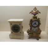 A white marble mantle clock with exposed escapement, 27cm tall x 20cm wide, not running, spring