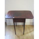 A Regency mahogany small work table with drop flaps and an active and dummy drawer, 67cm tall x 71cm