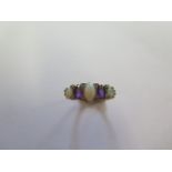 A hallmarked yellow gold opal, amethyst and diamond ring, size O, approx 2.6 grams in good condition