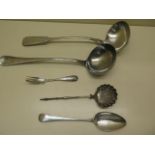 Two large silver plated ladles, 35cm long, a Georgian silver spoon 23cm long, a continental silver