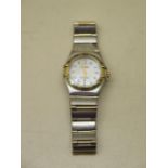 A ladies Omega constellation bi-metal quartz bracelet wristwatch with m,other of pearl dial and