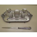 A silver plated desk stand, 28cm long, with an Arthur Price letter opener, some small wear to