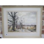 Edward Wesson (1910-1983) signed watercolour Landscape with trees to the foreground, frame size 51cm