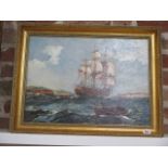 An oil on canvas three mast sailing ship signed G M Campbell 1939, in a gilt frame, frame size