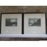 Two signed coloured etchings by Claude Rowbottom, The Port of London and St Paul's from Southwark,