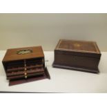 A mahogany locking coin collectors box with key together with an oak box with inlay, 11cm x 26cm x