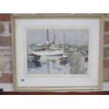 Edward Wesson (1910-1983) signed watercolour Sailboats in harbour, frame size 46cm x 55cm, in good