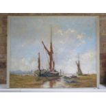 An unsigned oil on board of Pin Mill, frame size 64cm x 79cm, in good condition