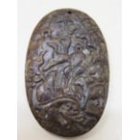 A Chinese 19th century hard stone pendant carved with a landscape scene with stork and deer, 6cm x