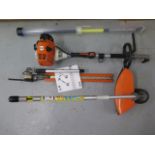 A Stihl K100R four mix petrol multi-tool strimmer, hedge cutter with extension pole and three