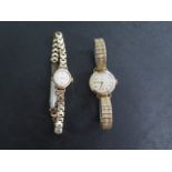 Two ladies Tudor 9ct gold manual wind wristwatches both on plated straps, 20mm and 15mm straps, both