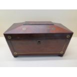 A 19th century mahogany two section tea caddy with brass inlay reasonably good, some veneer and