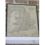 A new map of England and Wales published 1788 by R Wilkinson in an ebonised frame, 60cm x 51cm,