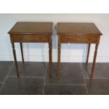 A pair of burr oak lamp tables each with a drawer on turned legs, made by a local craftsman to a