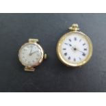 An 18ct yellow gold top wind pocket watch, 3.5cm wide with gold dust cover, running but some dents
