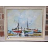 An unsigned oil on board fishing boats at anchor, frame size 45cm x 54cm