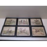 A set of six humerous hunting prints in ebonised frames, frame size 17cm x 22cm, damage to two