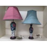 Two Moorcroft Mackintosh Tribute design table lamps both with shades, tallest 73cm, smallest lamp