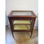 An Edwardian mahogany Bijouterie display table cabinet with a drop down front, 73cm tall x 61cm x