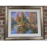 Helios Gisbert, Spanish 1958, oil on canvas, river scene, signed Helios, in a gilt frame, frame size