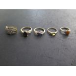 Five 9ct yellow gold rings, sizes J/N/P/R, approx weight 15.4 grams, all good condition