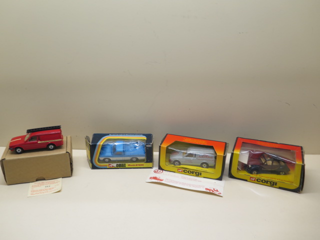 Four Corgi vehicles Ford Escort 497, a Citroen 2CV, Charleston 346, Mazda B1600 493, all boxed, some