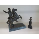 A bronze figure of Napoleon on horseback on a marble base, 28cm tall, and a bronze bust of
