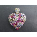 A 9ct hallmarked multi-gem heart pendant 5.5cm x 4.5cm, approx 22 grams, in good condition