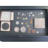 Assorted coinage including a Thaler, a Luisitania German medal, a silver charm bracelet and a silver