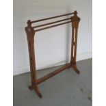 A gothic Victorian polished oak towel / clothes rail, 91cm tall x 77cm long