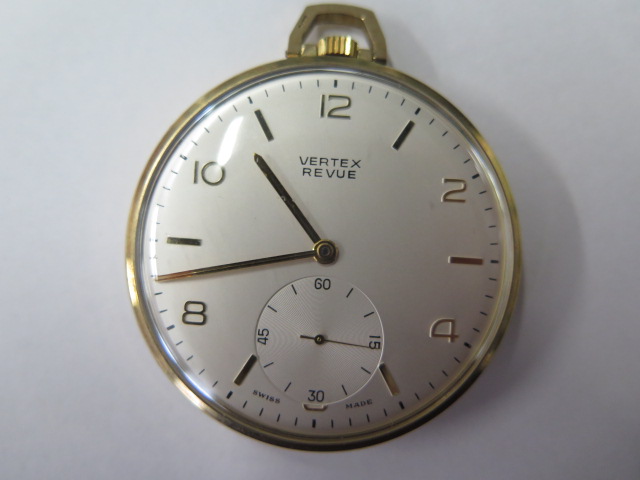 A 9ct yellow gold Vertex Revue pocket watch 45mm case in good condition, running, some scratches - Image 3 of 4