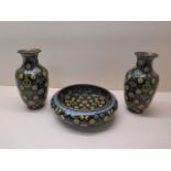 A pair of early 20th century Chinese cloisonne vases together with a bowl each with a medical corp