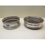 Two silver rimmed wine coasters, 12.5cm and 14cm diameter, both generally good, no engraving