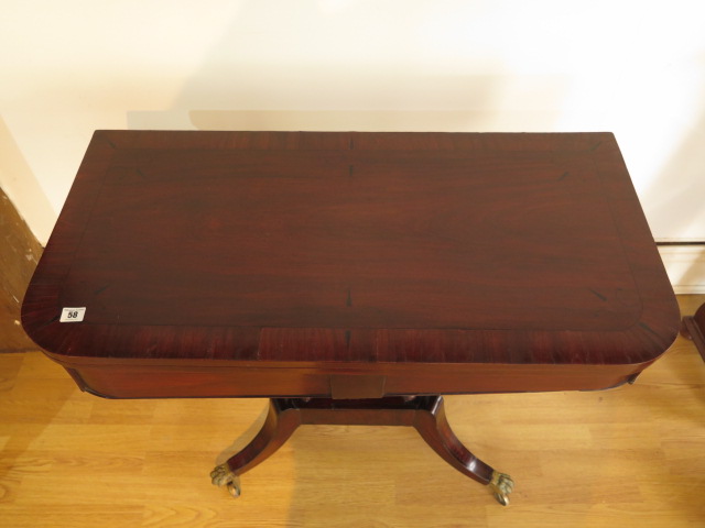 A 19th century mahogany foldover card table on four pillar support and splayed legs on brass hairy - Image 3 of 5