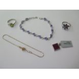 Two white gold rings, size N, a white gold 20cm bracelet, a white gold pendant and yellow gold