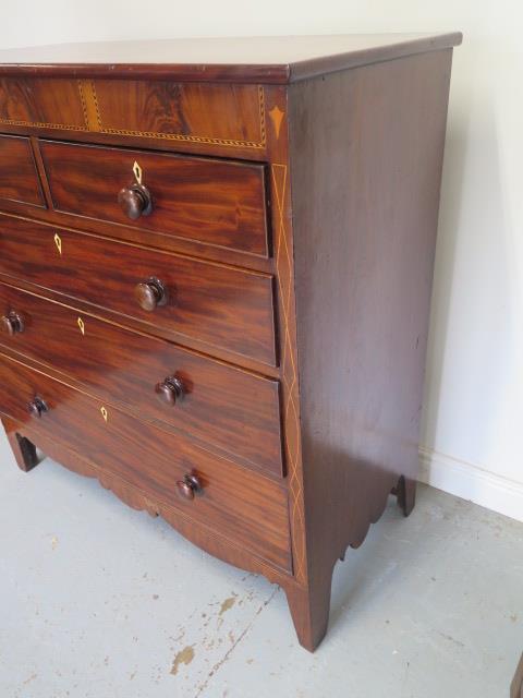 A 19th century mahogany five drawer chest with an inlaid frieze on bracket feet united by a shaped - Image 3 of 6