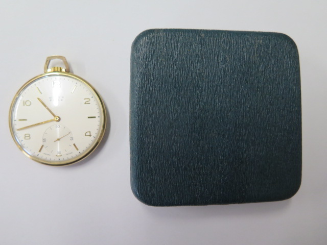 A 9ct yellow gold Vertex Revue pocket watch 45mm case in good condition, running, some scratches - Image 2 of 4