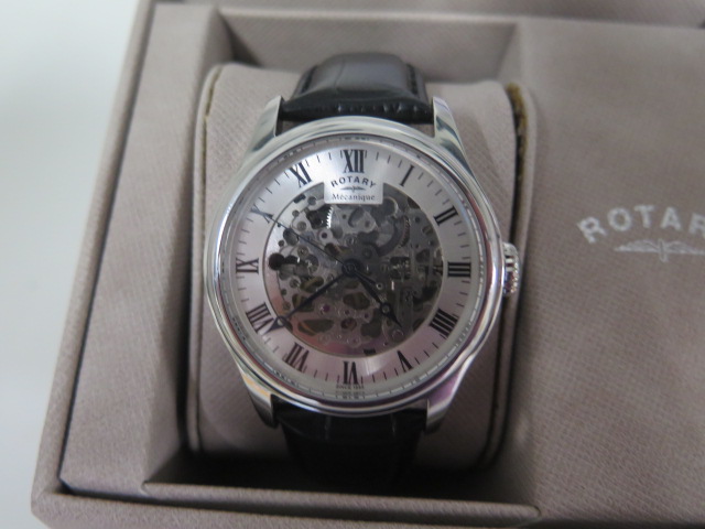 A Rotary stainless steel skeleton automatic gents wristwatch with 42mm case on black leather - Image 2 of 3