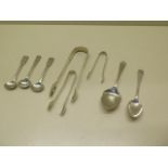 Three pairs of silver nips, three silver mustard spoons and two other spoons, total weight approx