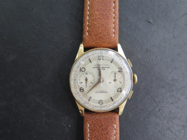 An 18ct yellow gold Hedicor 19 jewel manual wind chronograph manual wind gents wristwatch on a - Image 2 of 5