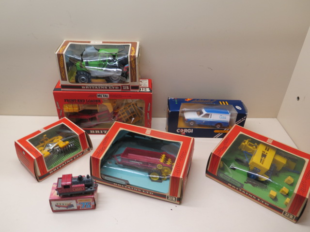 Five boxed Britains Ltd farm implements and tractor, a boxed Corgi Gas Escort van and a Matchbox