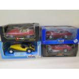 Two Burago 1:18 scale cars and a Revell and a Polistil car, all boxed, some wear to boxes plastic