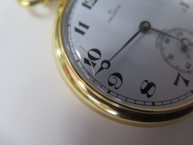 A Helvetia gold plated top wind pocket watch 50mm case, small crack to glass, running, hands advance - Image 2 of 3