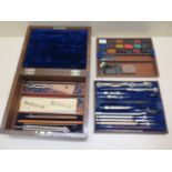 A good quality walnut draughtsman artist box with a tray of G Rowney & Co superior watercolours, 6.
