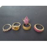 Five hallmarked 9ct gold rings, size N, approx weight 18 grams, all good condition