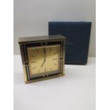 A Jaeger-LeCoultre brass and blue panel spring driven mantle clock, 16cm x 16cm square, working, top