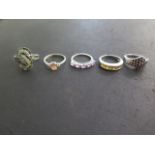 Five 9ct white gold rings, sizes N/R/P, approx weight 17.9 grams, all good condition