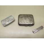A silver cigarette case, approx 1.9 troy oz, a Cornish pewter hunting scene vesta case and a